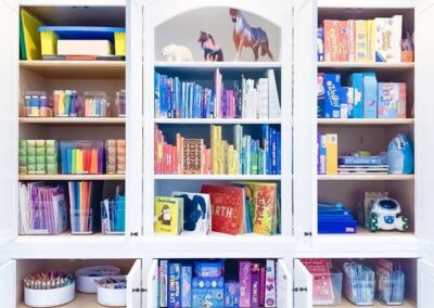 Organized cabinet for coloring materials and books