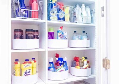 Organized safety cabinet for cleaning materials