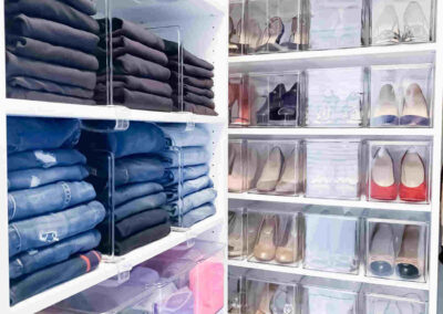 Well organized walk-in closet using acrylic boxes